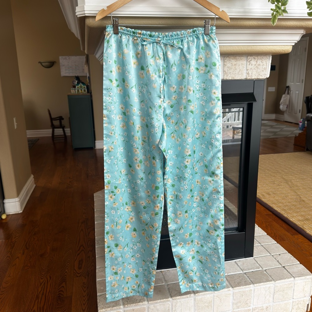 Secret Treasures Light Blue Floral Satin Wide Leg Pajama Pants Medium